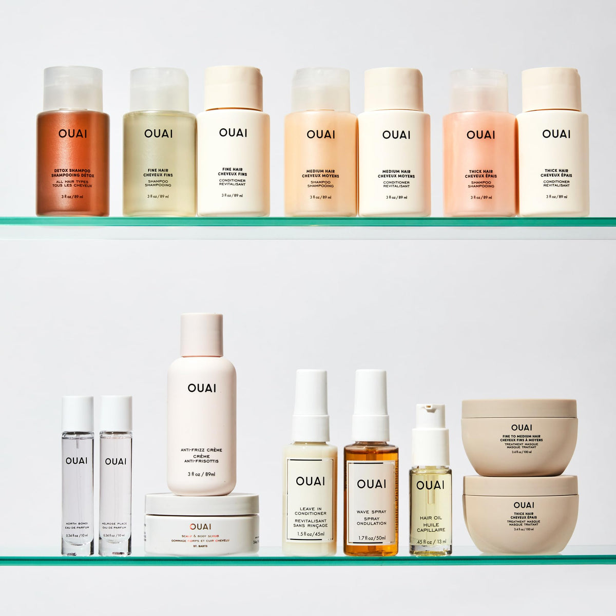 OUAI on bathroom shelf styled lifestyle scene conveying effortless daily routine