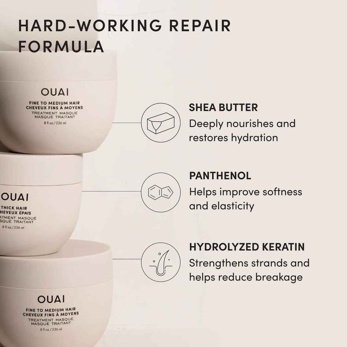 Rinsed hair after OUAI mask shows smooth, shiny finish and reduced frizz