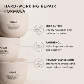 OUAI masque beside shea butter and keratin icons showcasing ingredients