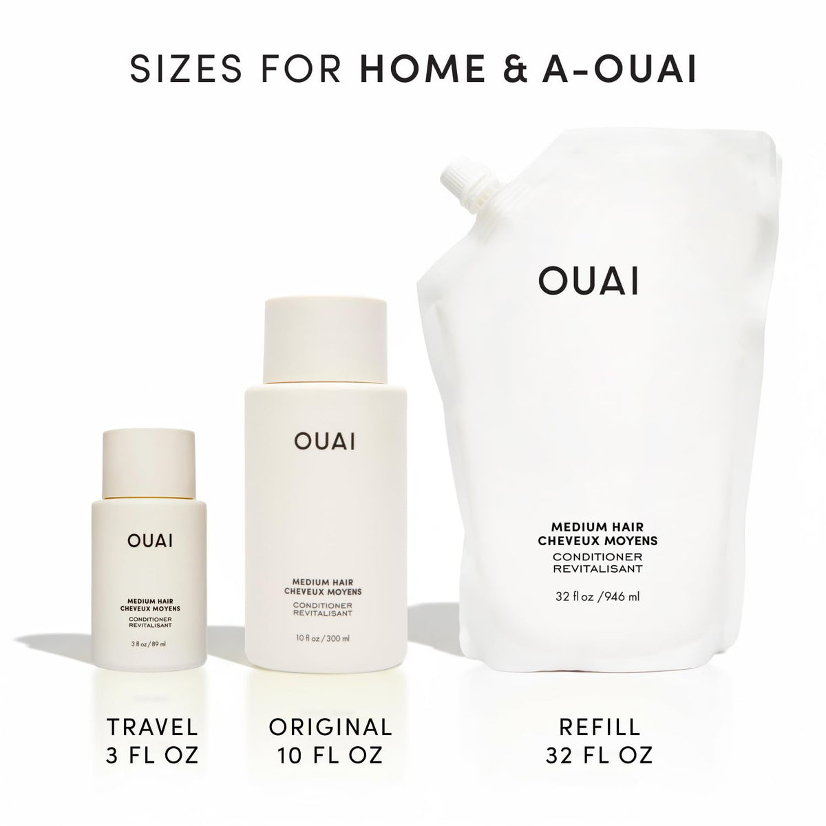 OUAI medium conditioner on a bathroom shelf with towel showing everyday luxury benefit
