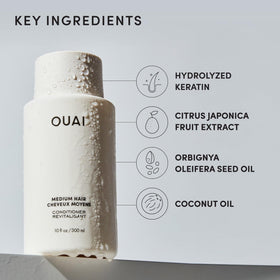 OUAI medium conditioner pictured next to OUAI medium shampoo signaling routine pairing