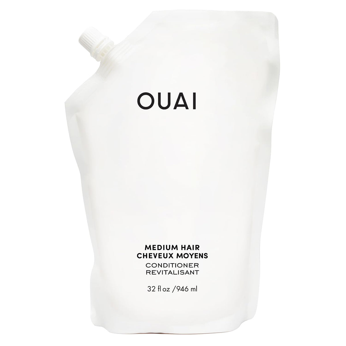 OUAI medium conditioner refill front label showing brand and size for easy identification