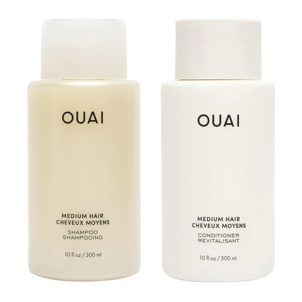 OUAI front packaging showing shampoo and conditioner, clear product identity and benefit