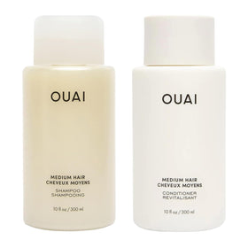 OUAI front packaging showing shampoo and conditioner, clear product identity and benefit