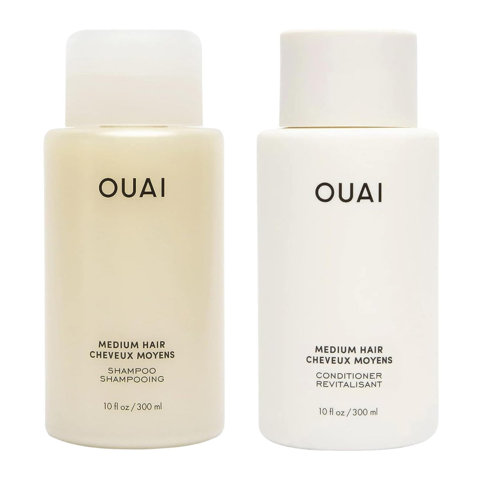 OUAI front packaging showing shampoo and conditioner, clear product identity and benefit