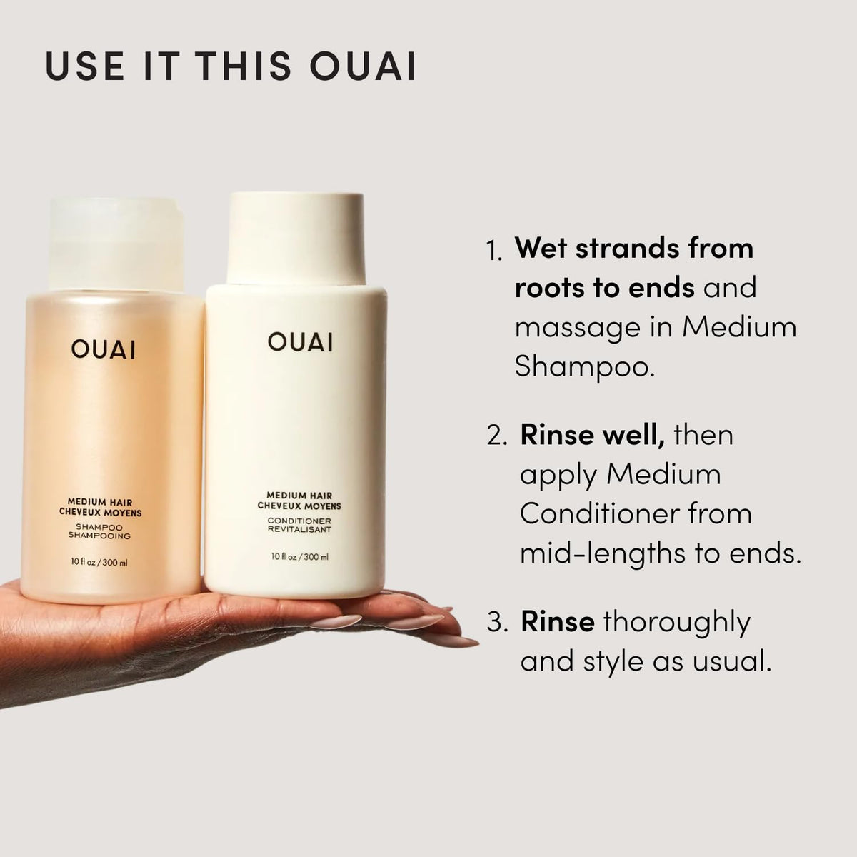 OUAI bottles in shower being applied, depicting simple daily routine benefit