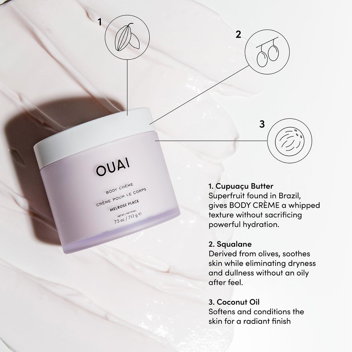 OUAI Melrose Place being applied to hand demonstrating hydration and smooth skin benefit