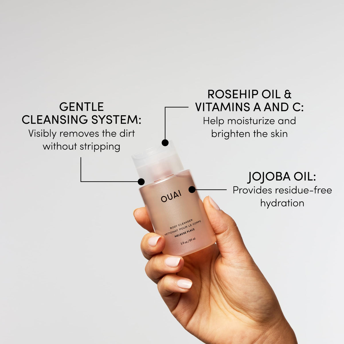 OUAI close-up of jojoba and rosehip ingredients showing hydrating benefit