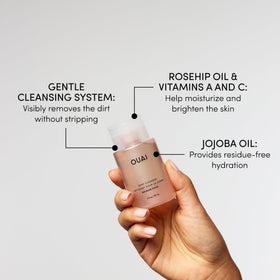 OUAI close-up of jojoba and rosehip ingredients showing hydrating benefit