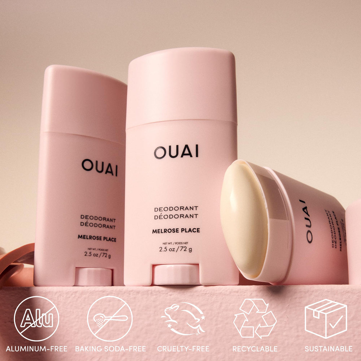 OUAI Melrose Place label details highlighting scent notes and aluminum-free benefit