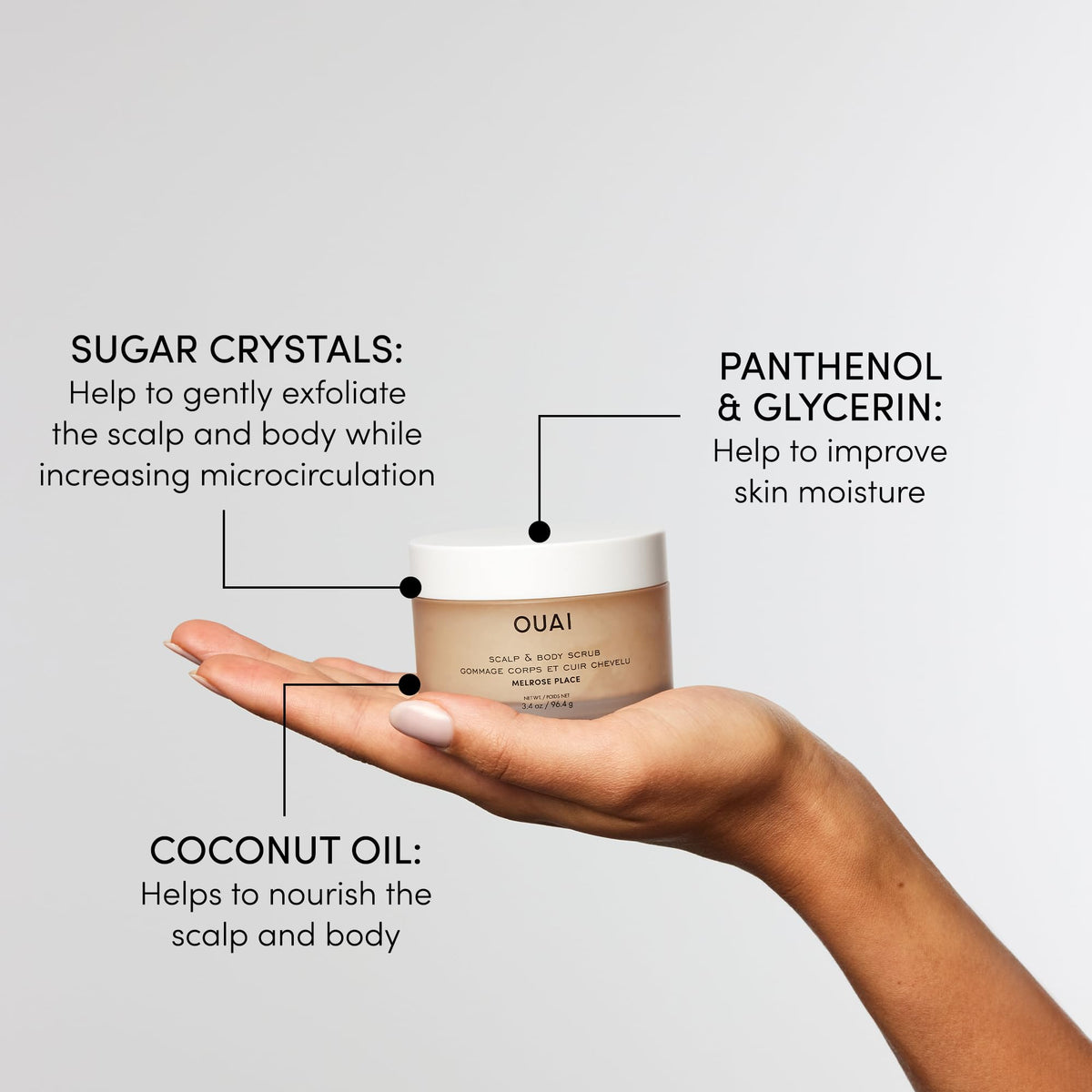 OUAI Melrose Place scalp application in shower demonstrating gentle massage benefit