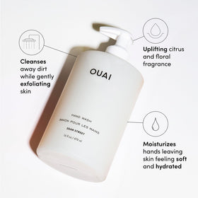 OUAI pump mechanism closeup demonstrating easy dispensing and leak-resistant design