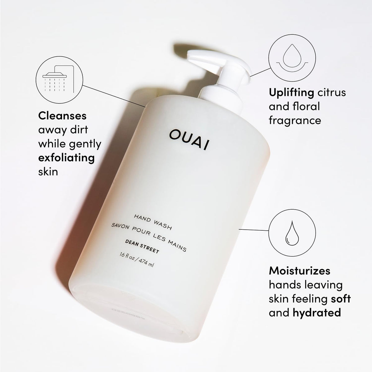 OUAI pump top closeup demonstrating easy dispensing and clean use benefit