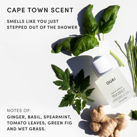 OUAI two-ounce bottle beside common items showing compact travel-friendly benefit
