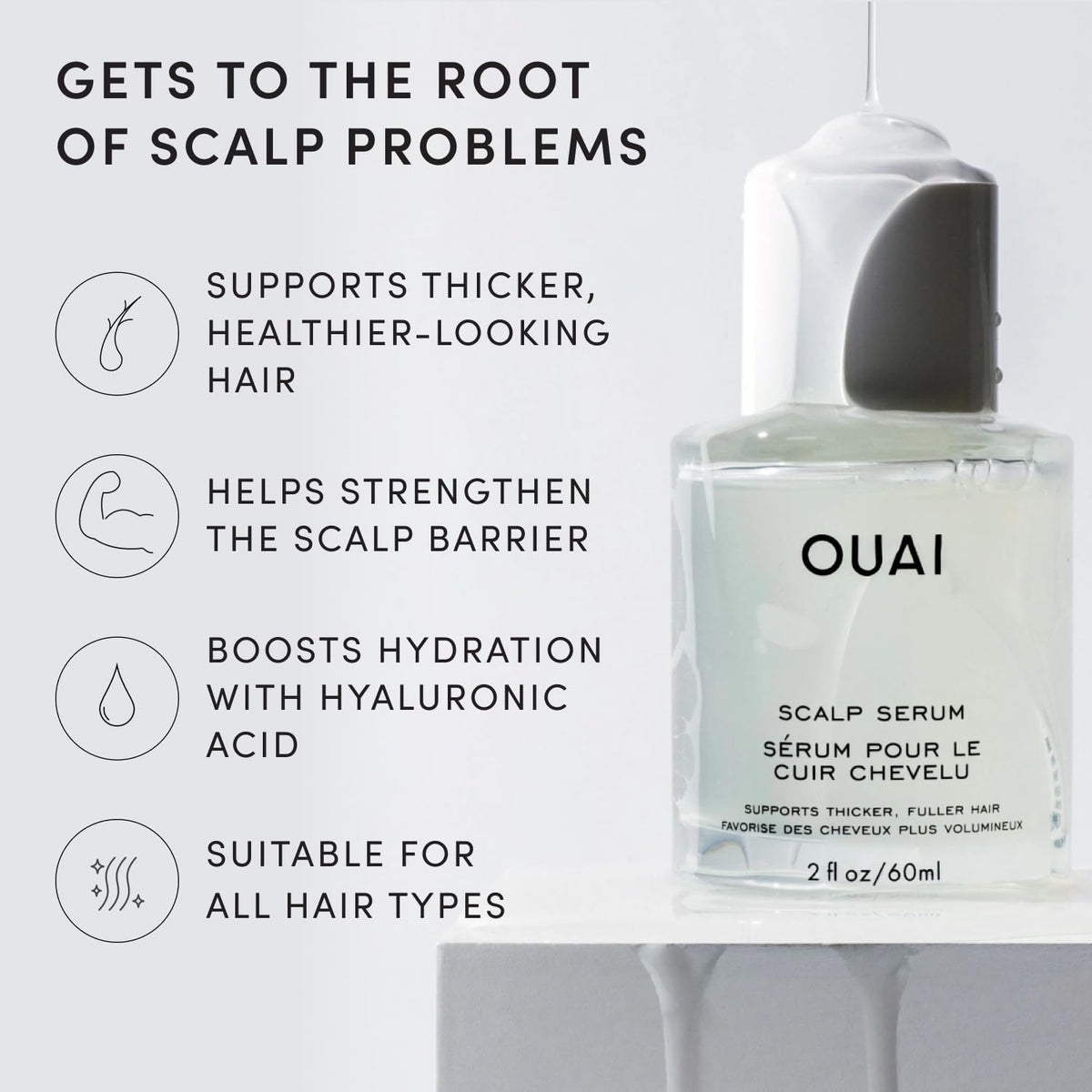 OUAI serum texture close-up highlighting lightweight absorbent finish benefit