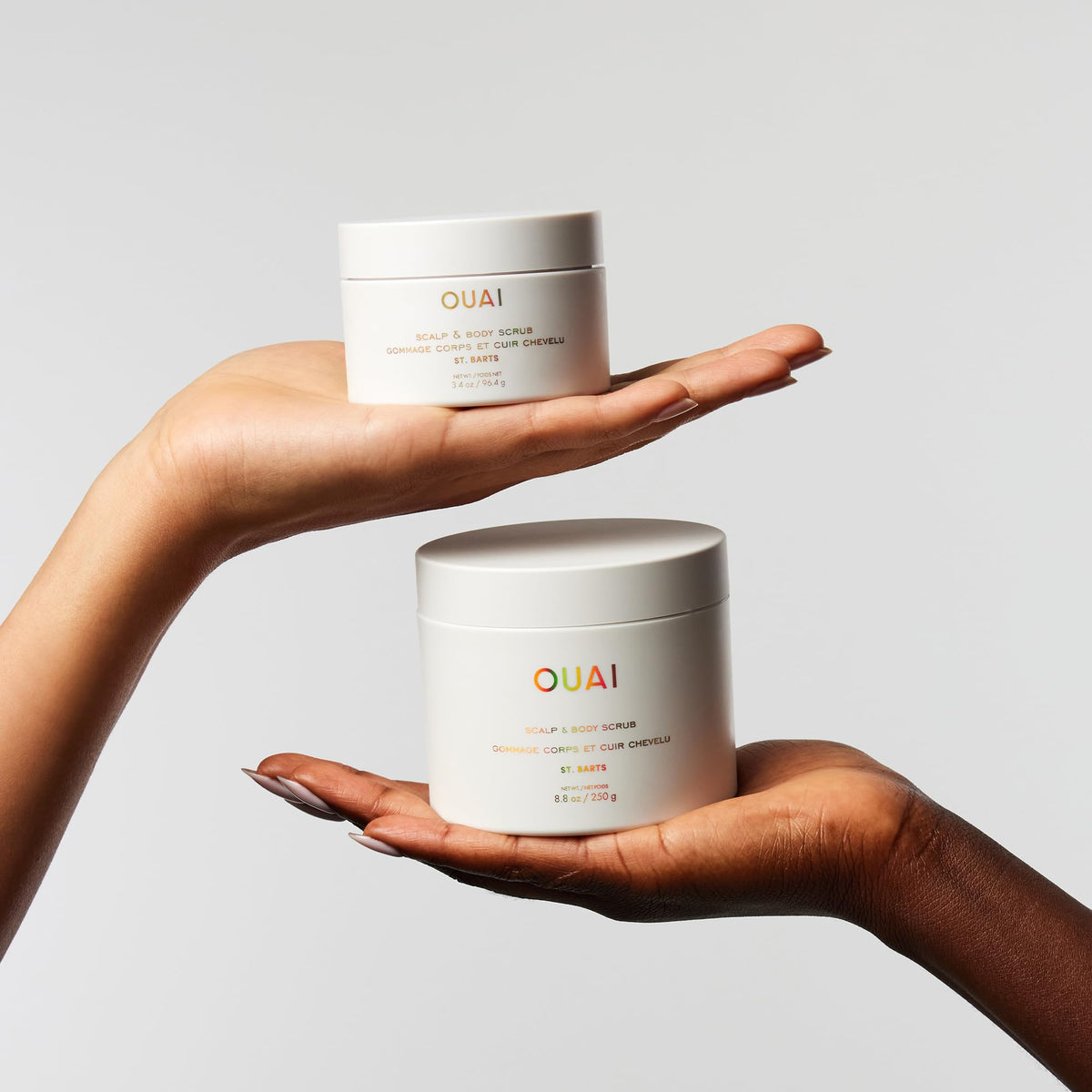 OUAI lifestyle image evoking St. Barts scent and uplifting shower experience