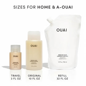 OUAI shampoo staged in modern bathroom conveying luxury routine benefit