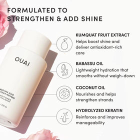 OUAI shampoo label close-up featuring ingredient list and transparency benefit