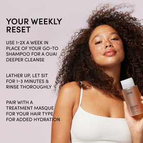 OUAI Detox Shampoo pouring into hand to demonstrate cleansing action