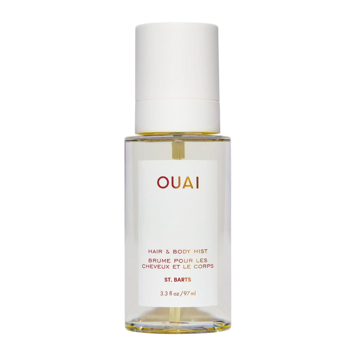 OUAI bottle front view showing St. Barts label and compact travel size benefit