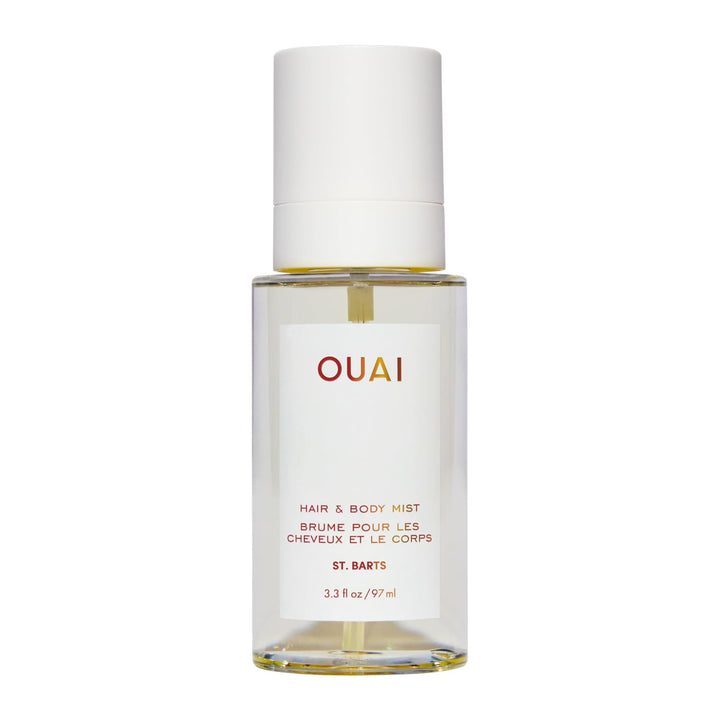 OUAI bottle front view showing St. Barts label and compact travel size benefit
