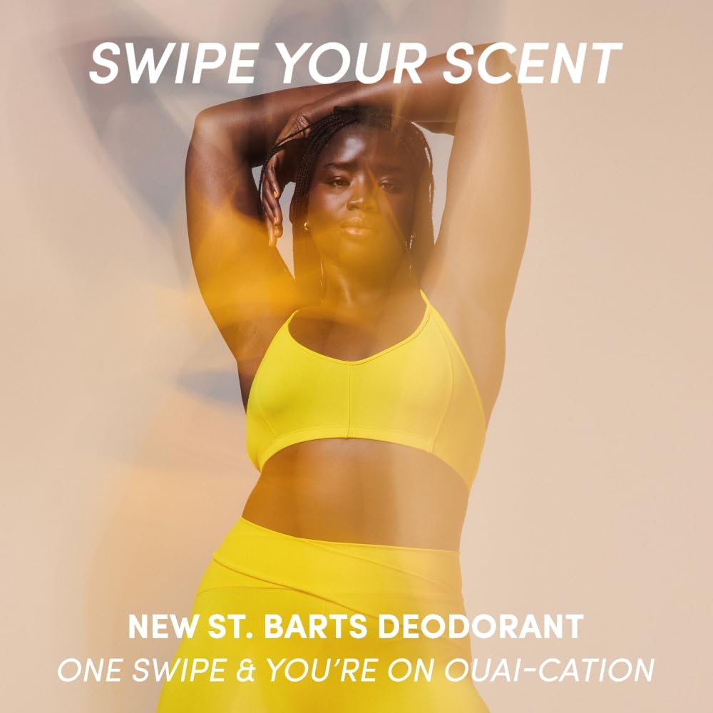 OUAI deodorant styled on beach to convey St. Barts vacation scent benefit