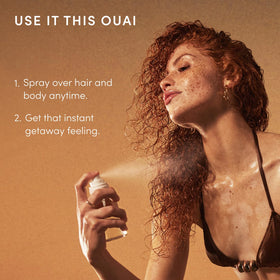 OUAI bottle on bathroom shelf with other products showing routine pairing