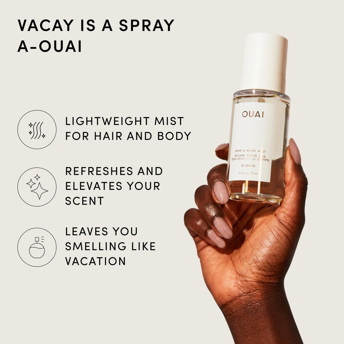 OUAI mist spraying with visible fine mist for quick skin refresh benefit