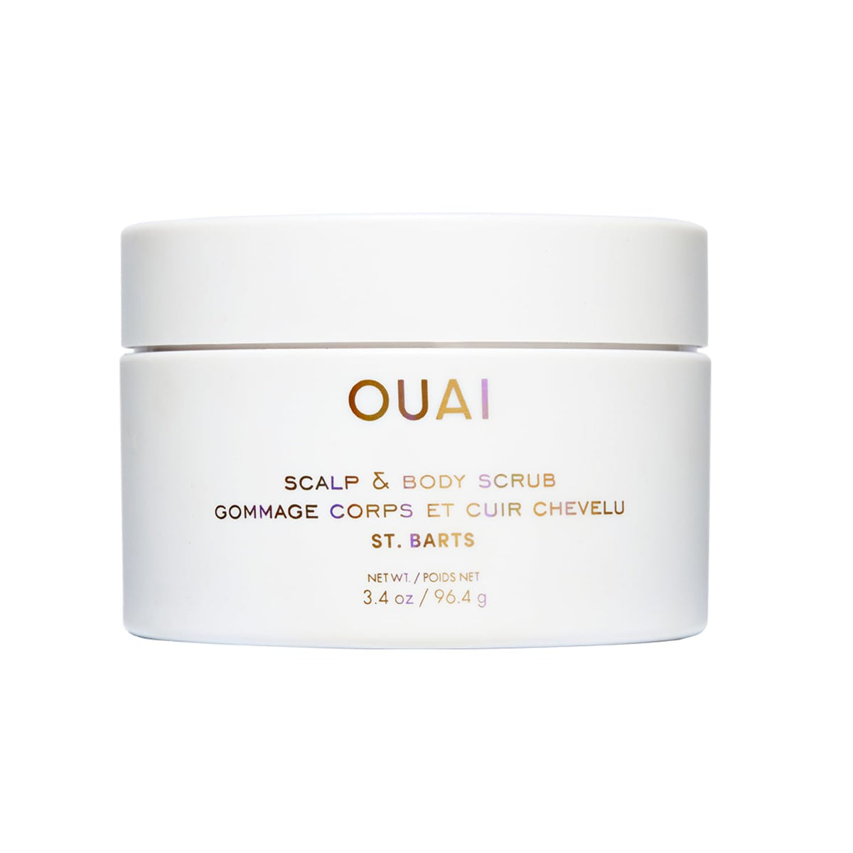 OUAI travel tub front view showing St. Barts label and compact size benefit