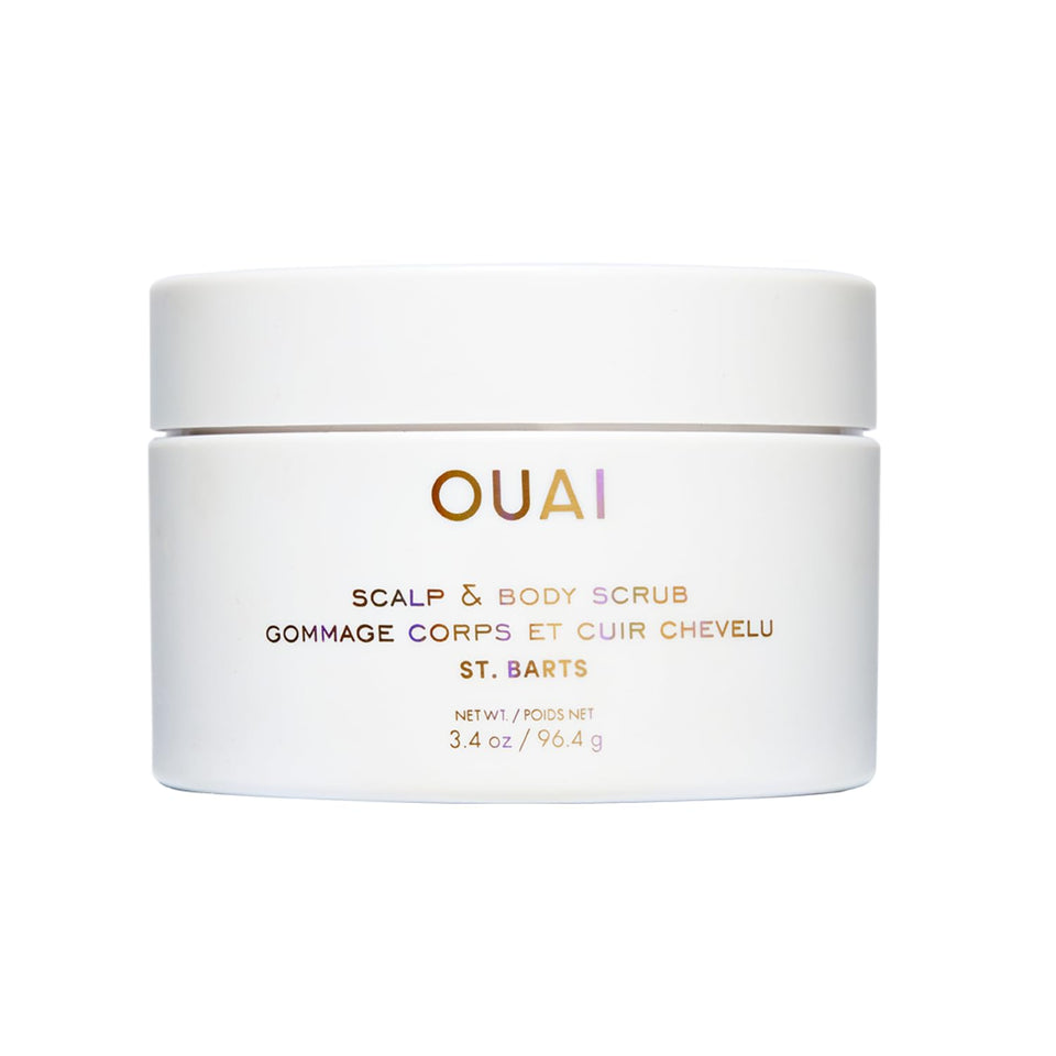 OUAI travel tub front view showing St. Barts label and compact size benefit