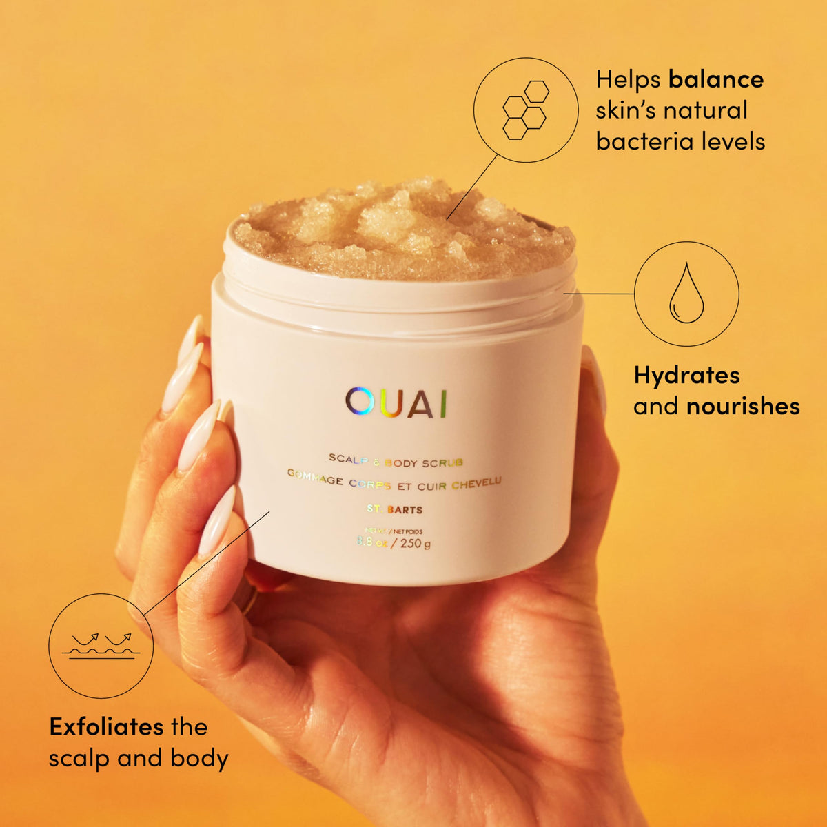 OUAI close-up of sugar scrub texture showing exfoliant grit and creaminess