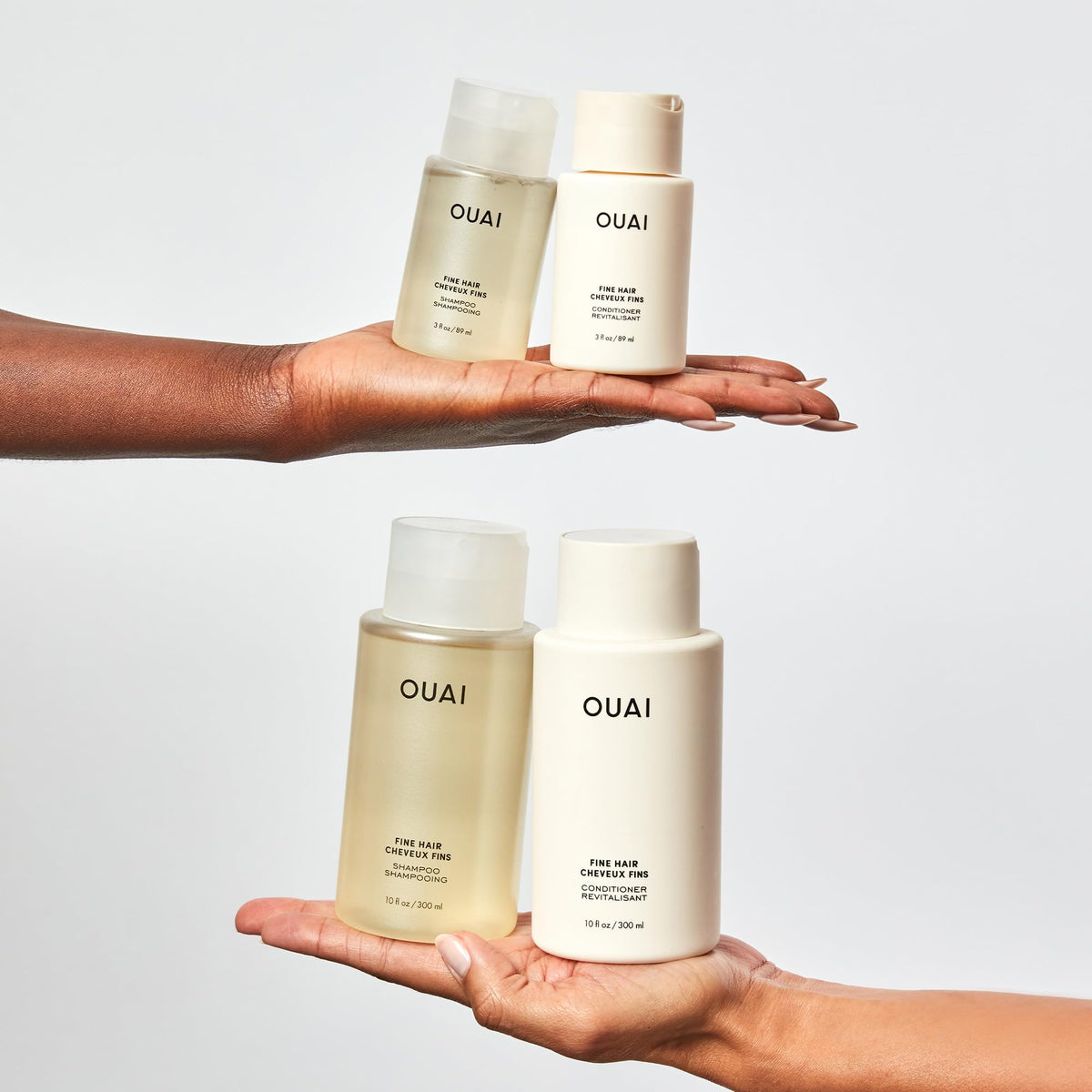 OUAI conditioner texture swatch showing lightweight creamy consistency for volume