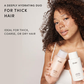 OUAI label close-up highlighting ingredients and clean formula benefits