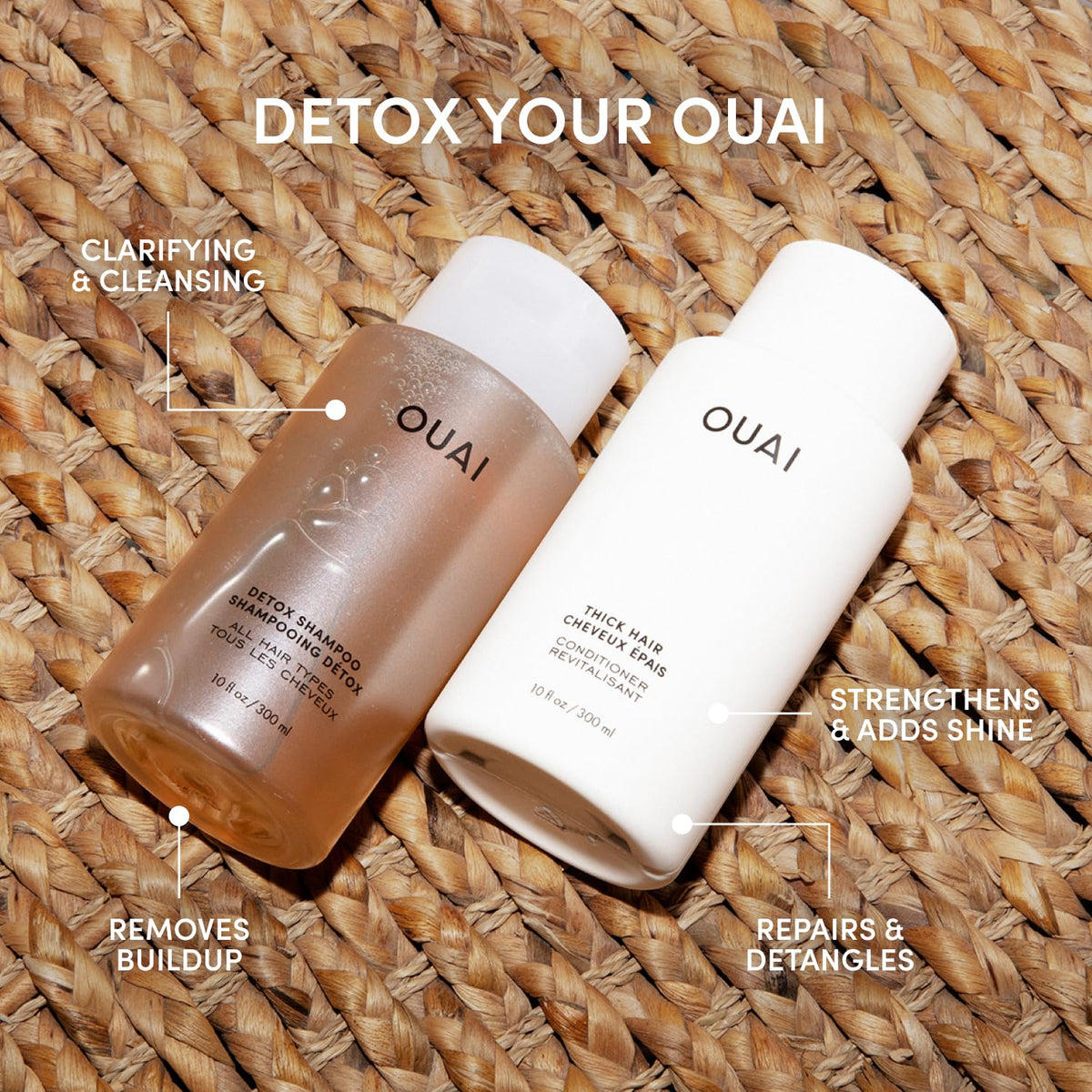 OUAI Thick Conditioner front bottle indicating rich moisture for thick hair