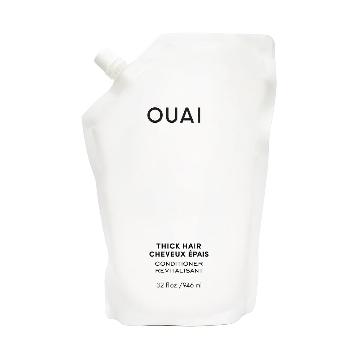 OUAI refill pouch front view showing product branding and large size benefit