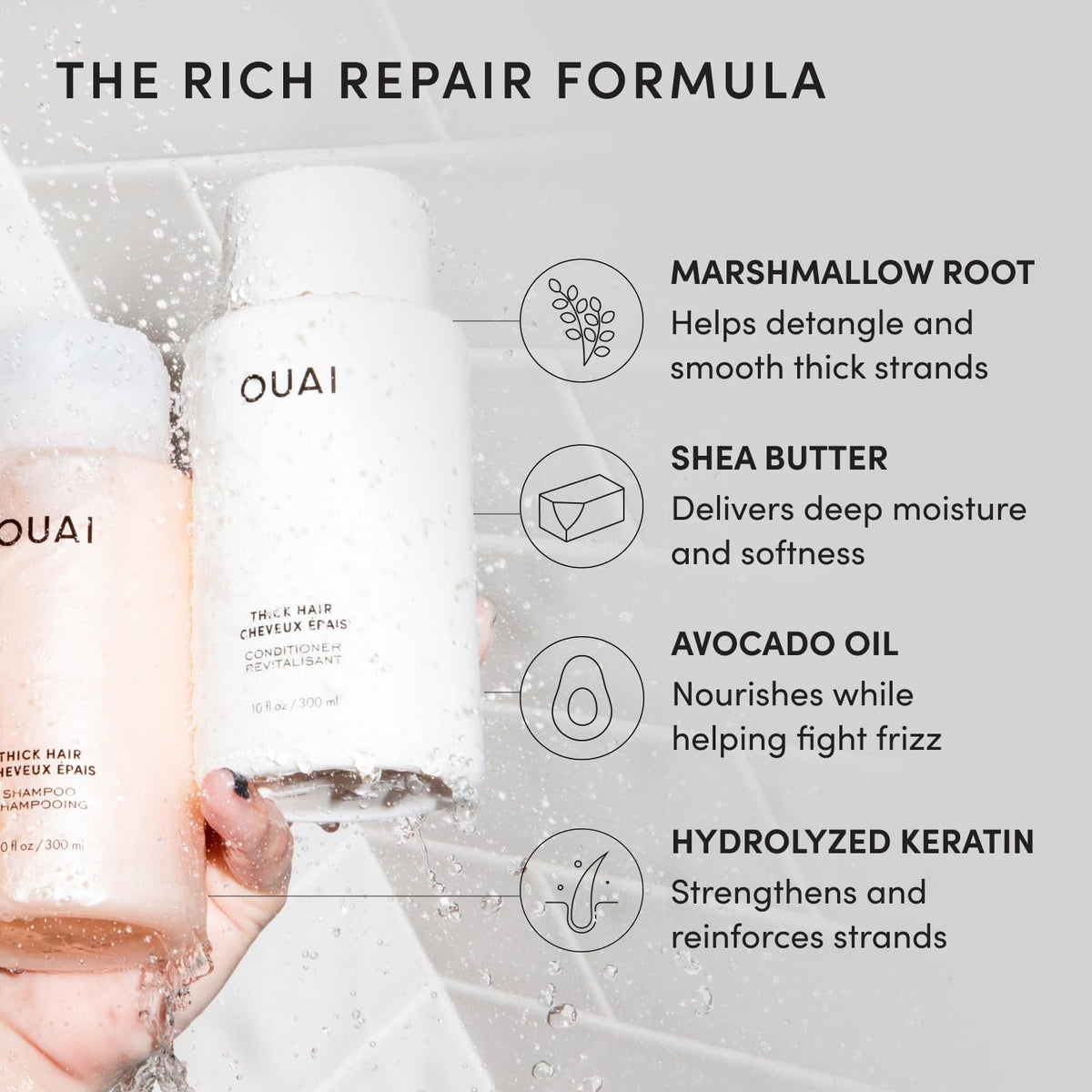 OUAI bottle label detail, communicating ingredient transparency and benefits