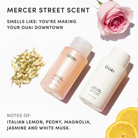 OUAI in-shower use with lathered shampoo, showing gentle sulfate-free cleansing