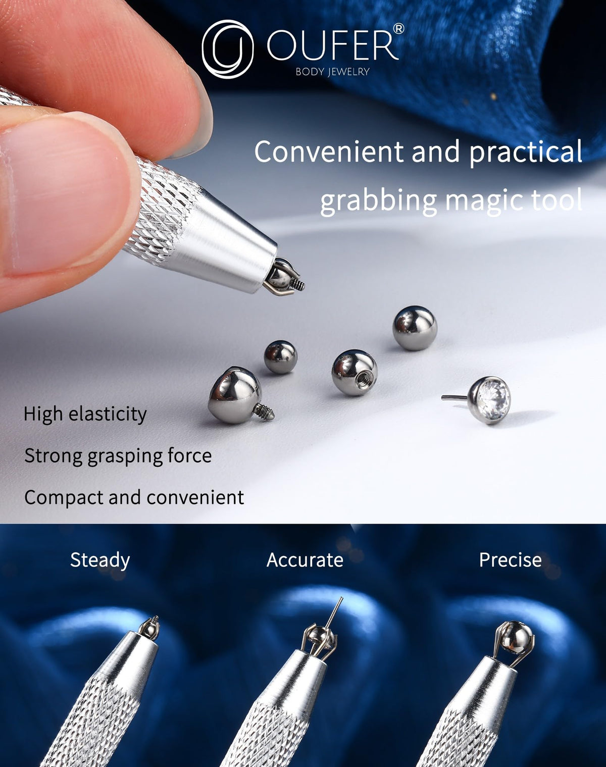 OUFER tool in use removing ear stud demonstrating safer, steadier jewelry changes