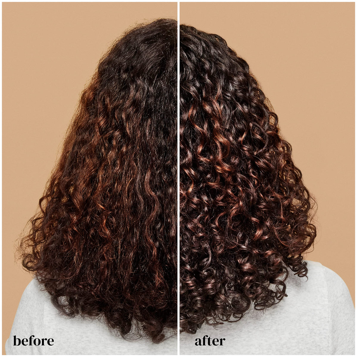 Before and after portrait showing Ouidad reducing frizz and enhancing curl definition