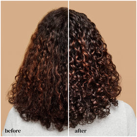 Before and after portrait showing Ouidad reducing frizz and enhancing curl definition