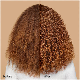 Before and after using Ouidad gel showing reduced frizz and enhanced curl shape