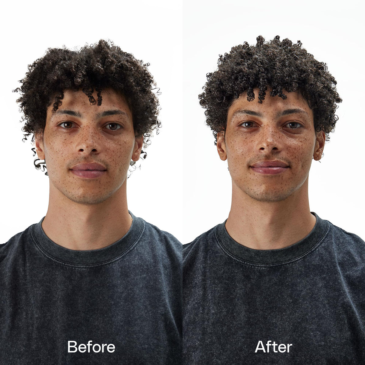 Ouidad before and after tight curls demonstrating reduced frizz and softness