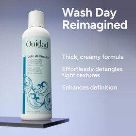Before and after Ouidad Curl Quencher on tight curls showing improved definition