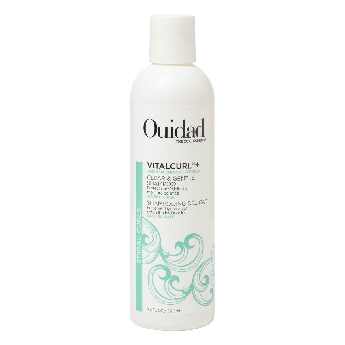 Ouidad bottle front showing product and clear benefits for hydrated curls