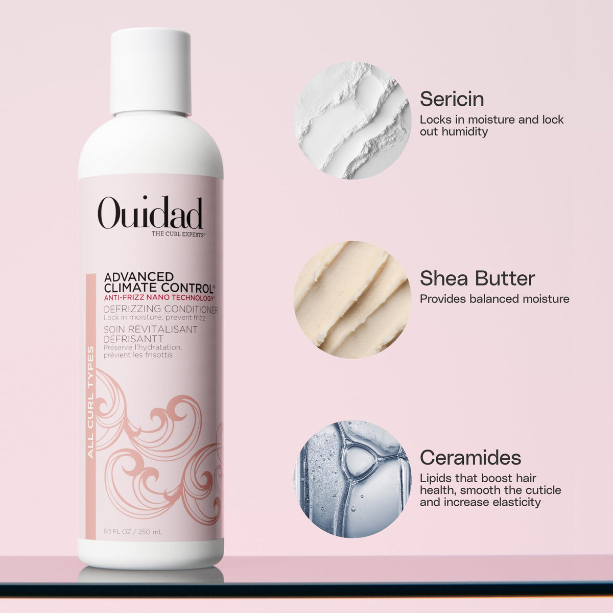 Ouidad close-up label detailing ingredients and clarity benefit