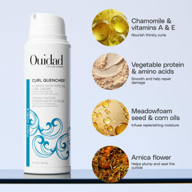 Ouidad cream on hand applied to tight curls for improved definition benefit