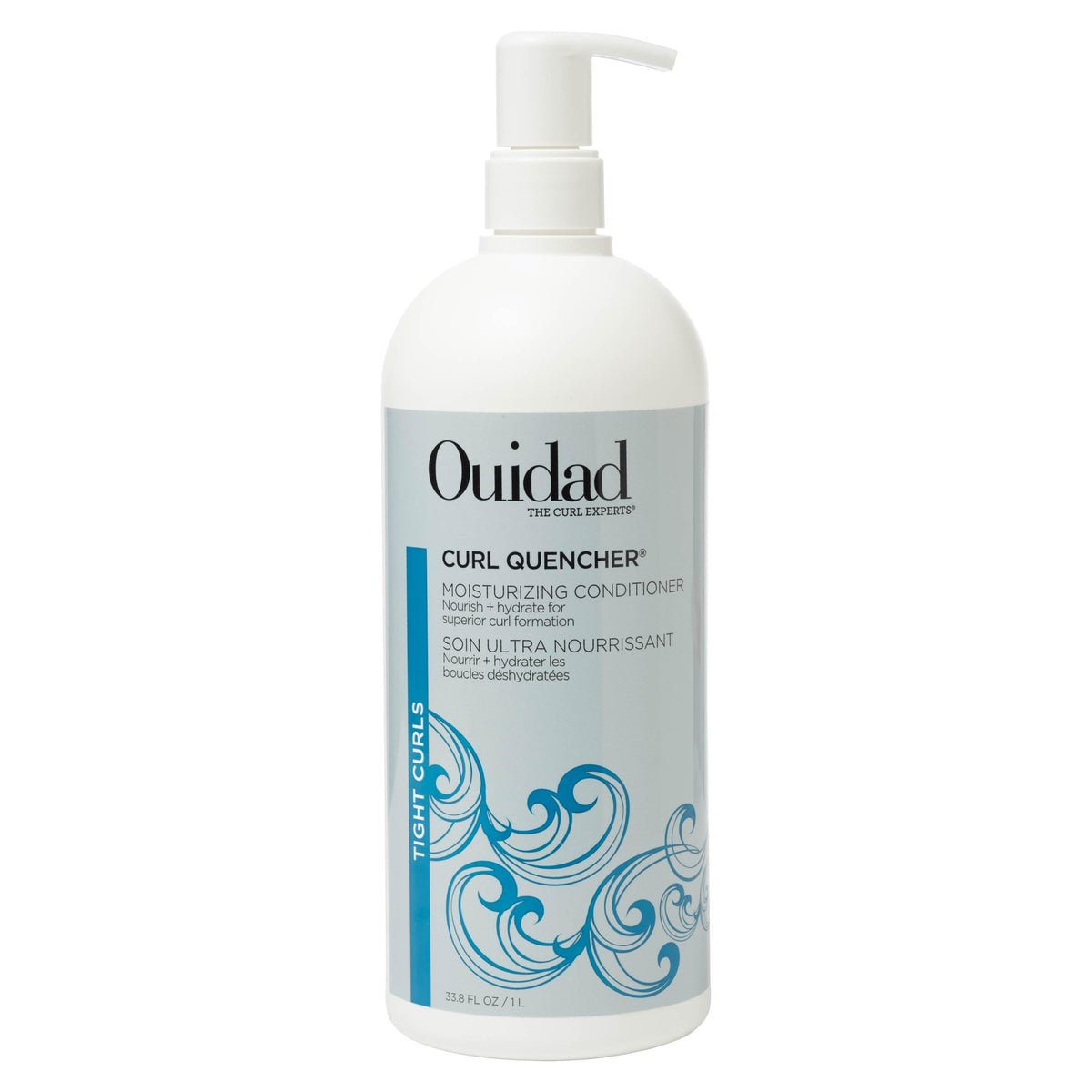 Ouidad front bottle showing product branding and large 33.8 fl oz size benefit