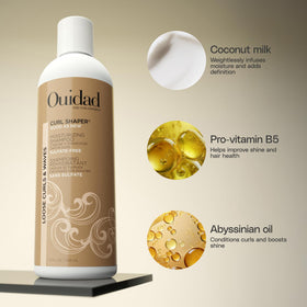 Ouidad pump and label detail highlighting product information and easy dispensing benefit