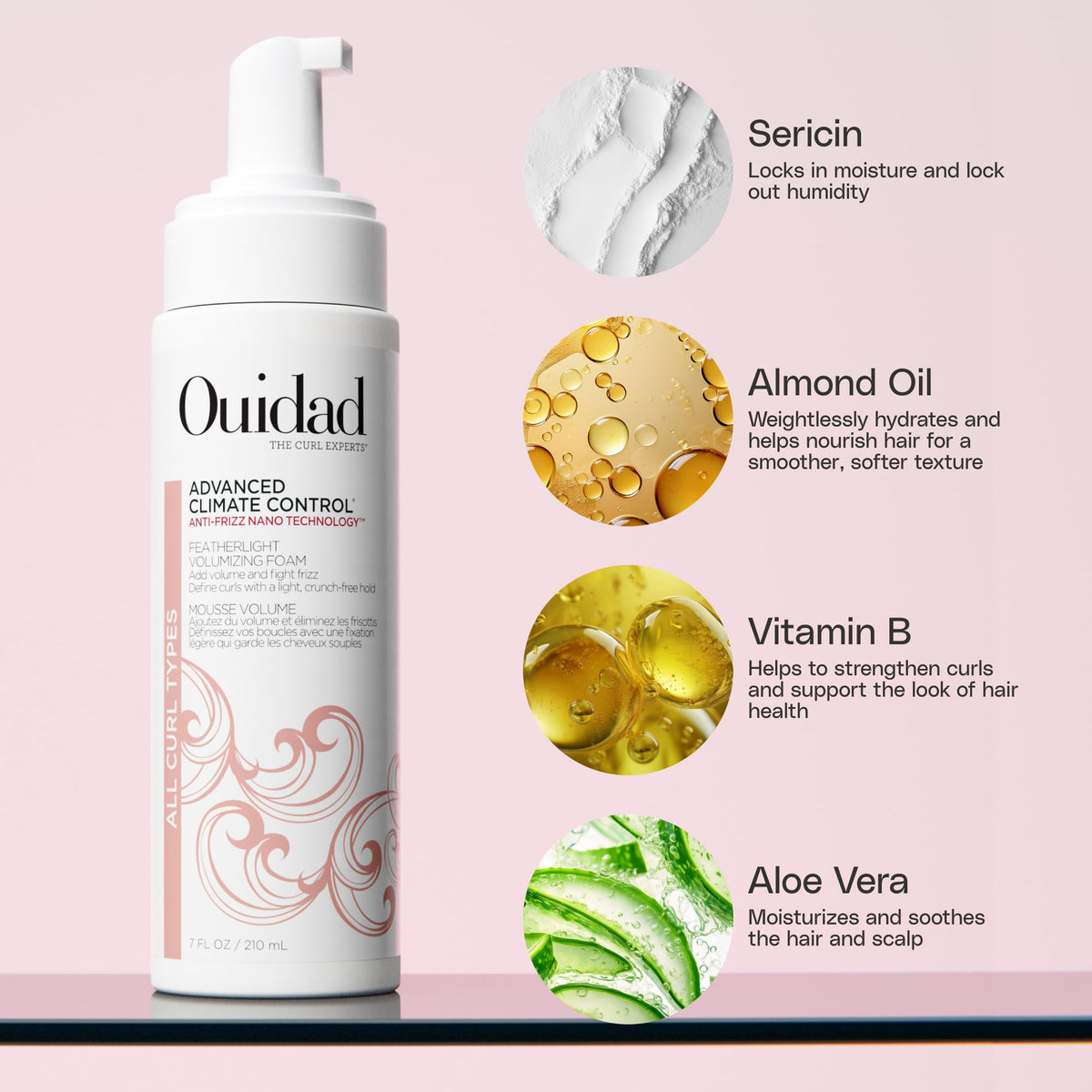 Ouidad foam dispensed in hand illustrating lightweight, non-greasy feel