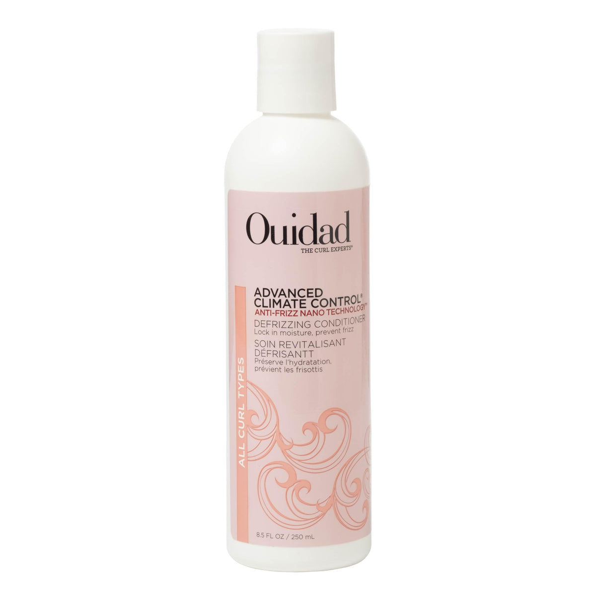 Ouidad front bottle 8.5 fl oz showing product and size benefit